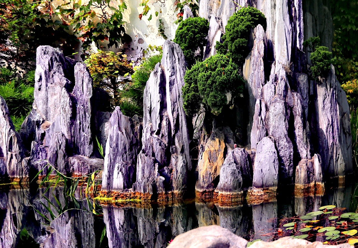 这张图拍摄于流源,一座小假山,一条秋天的腰带缠绕着假山与