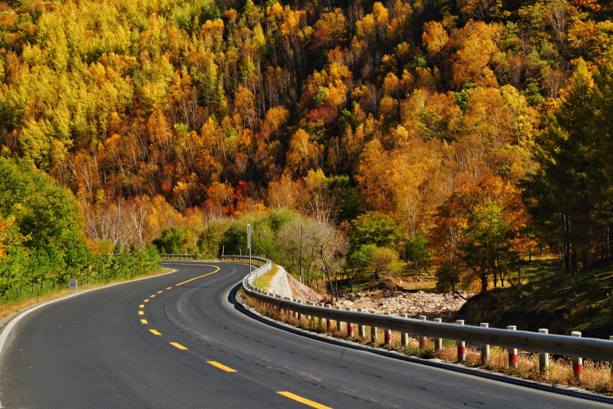 位于河北的国家一号风景大道中s301的一个转角,秋色如画