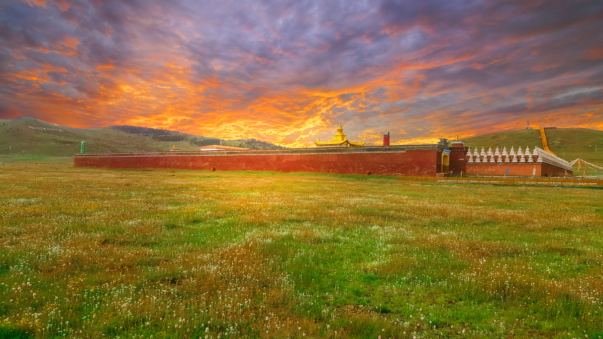 塔公草原位于塔公草原的塔公寺在霞光的映照下显得大气辉煌神秘圣洁