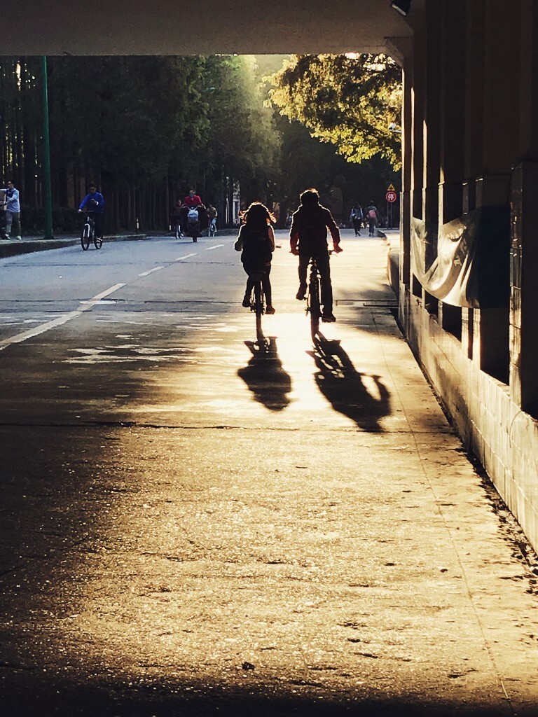 还有一张在夕阳桥洞下骑车驶过的情侣。