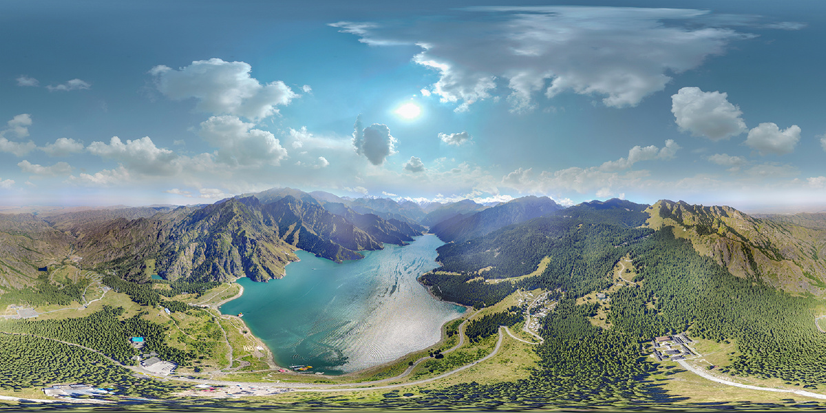 360全景航拍新疆天山天池附全景连接