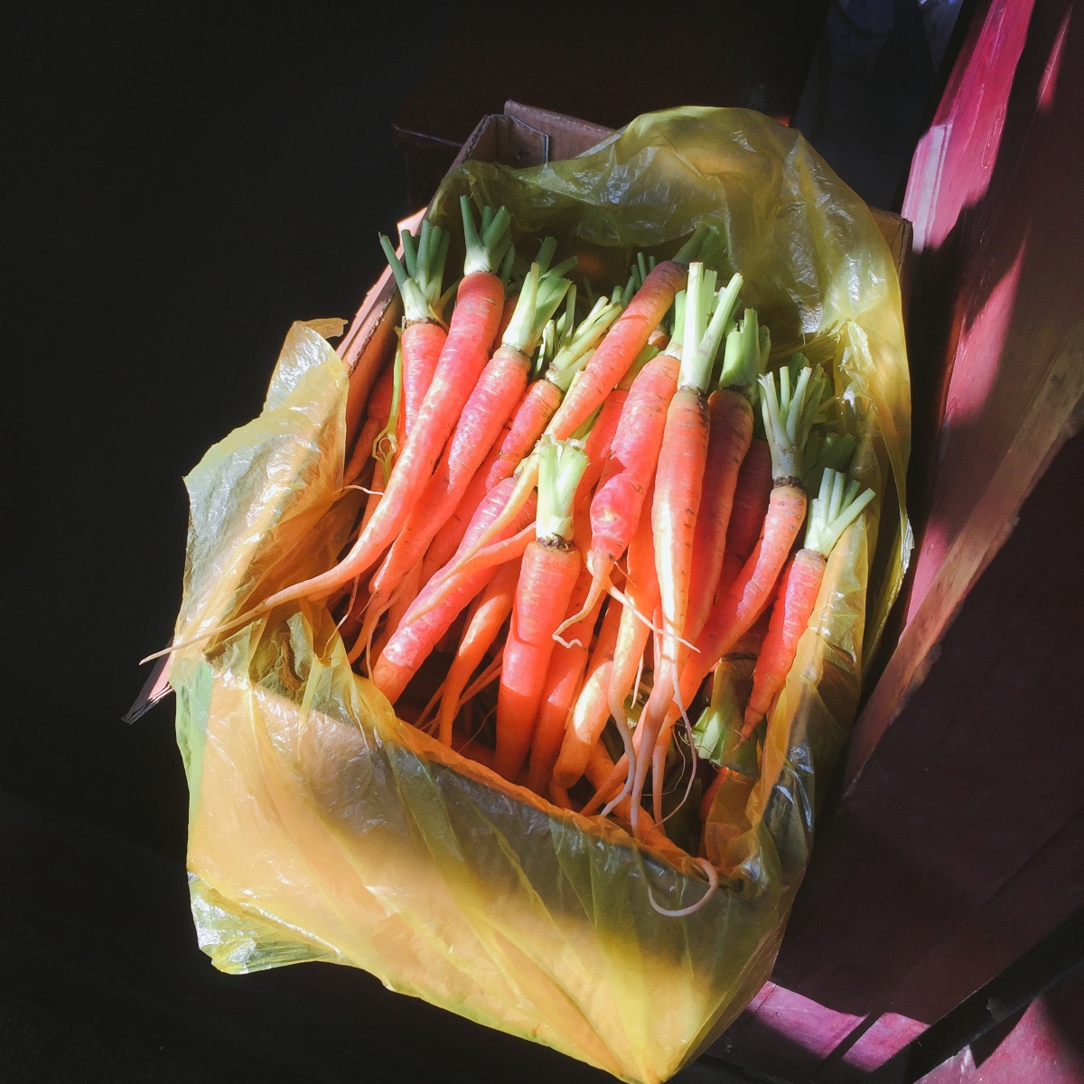 走街串巷,旧椅子上放着一筐细长的胡萝卜,一看就是自家种的,冬日的