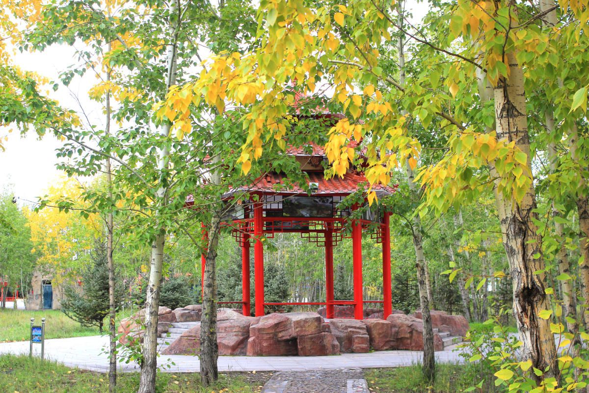 呼伦贝尔额尔古纳天骄公园金秋凉亭秋色满园