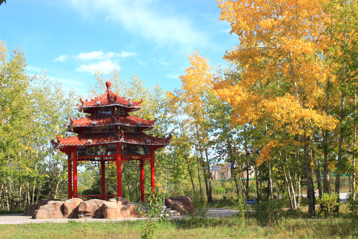 呼伦贝尔额尔古纳天骄公园金秋凉亭秋色满园