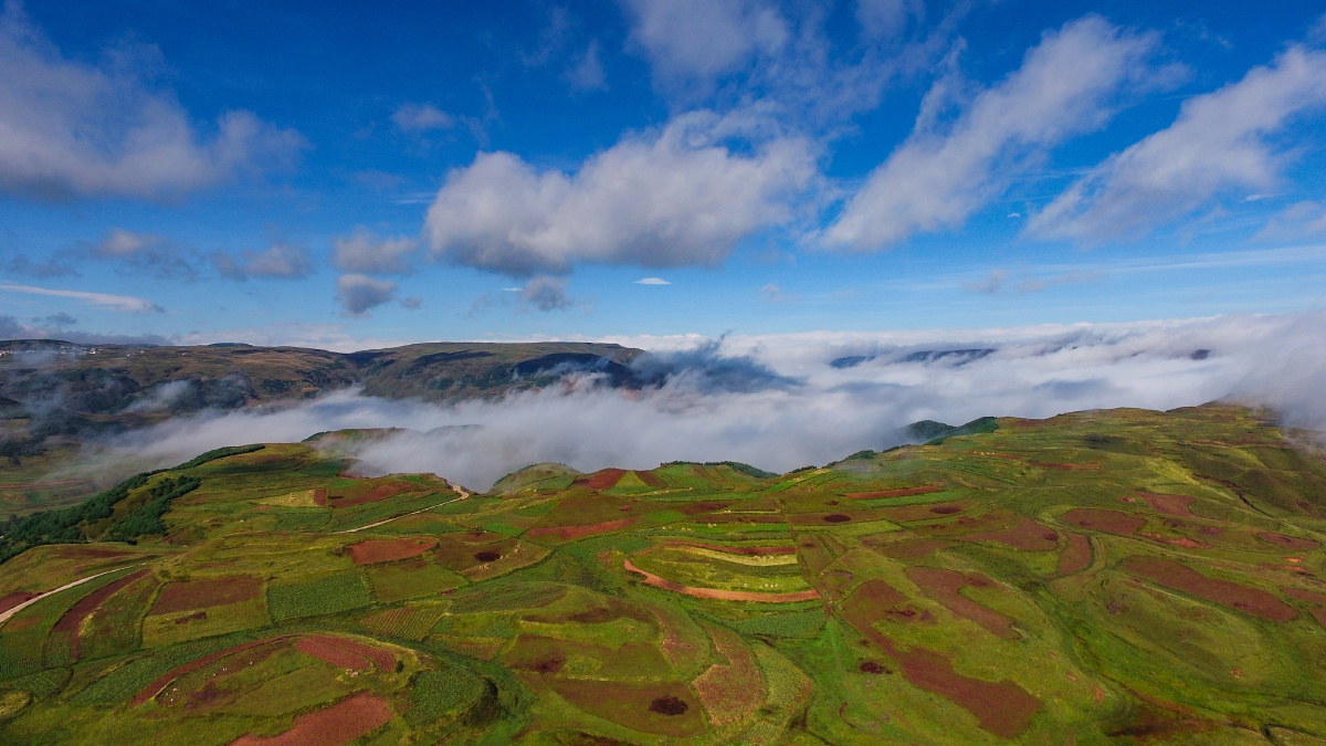 透过云雾看大山深秋的云贵高原的昭通大山包云雾变幻每一秒都是奇幻的