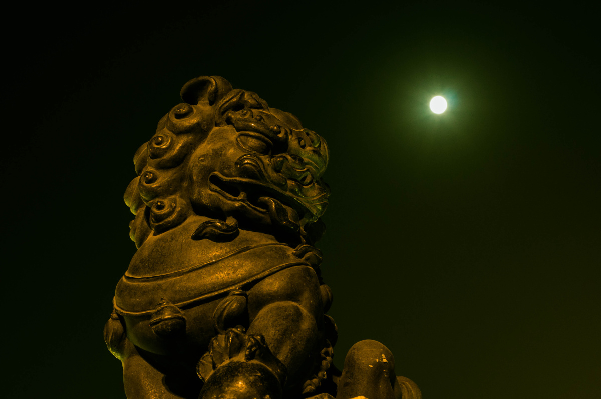 《望月》 br /> 石狮扭身,怒目圆瞪,望向天上的月亮.