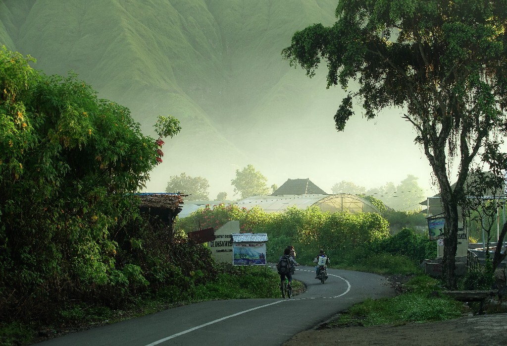 分析：六点多的清晨，印尼的林间小路空气清新却不安静，当地人学生赶去上学，村民开始去耕作<br />
影调分析：清晨阳光照射在雾气很重的山间，天然形成很梦幻的光色 