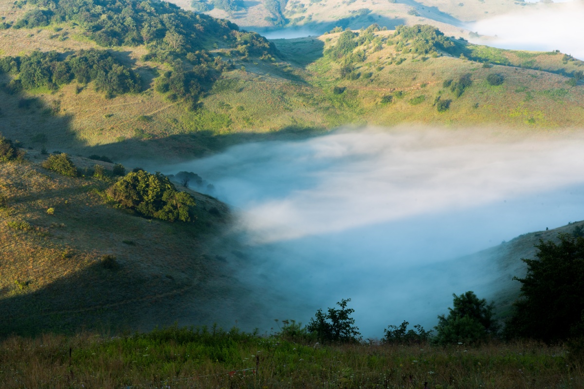 安康岚皋神田草原日出时分草原上水洼里面的雾气又腾起来了
