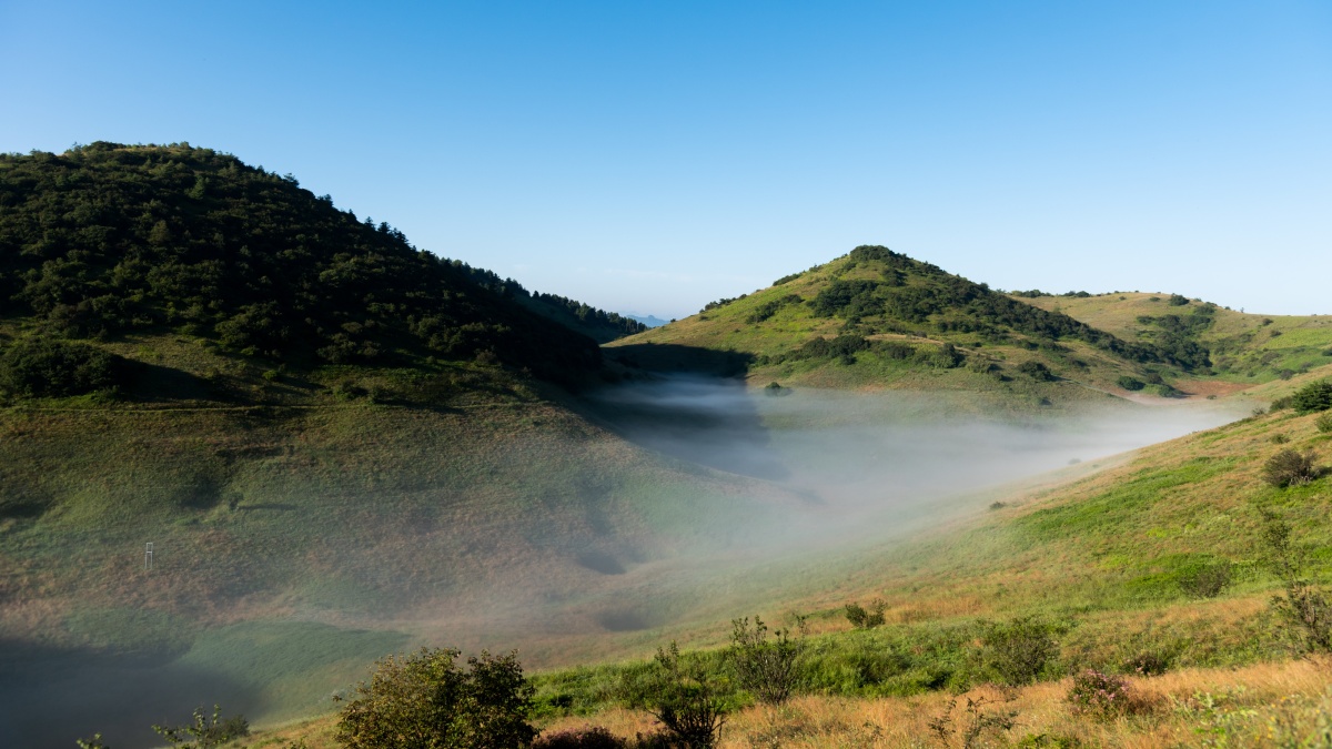 安康岚皋神田草原清晨的草原湛蓝的天空草原上的水洼里雾气弥漫