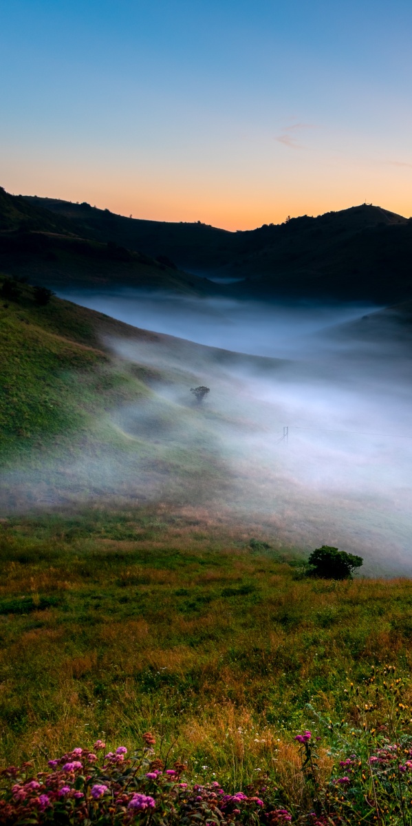 安康岚皋神田草原日落时分草原上水洼里雾气弥漫