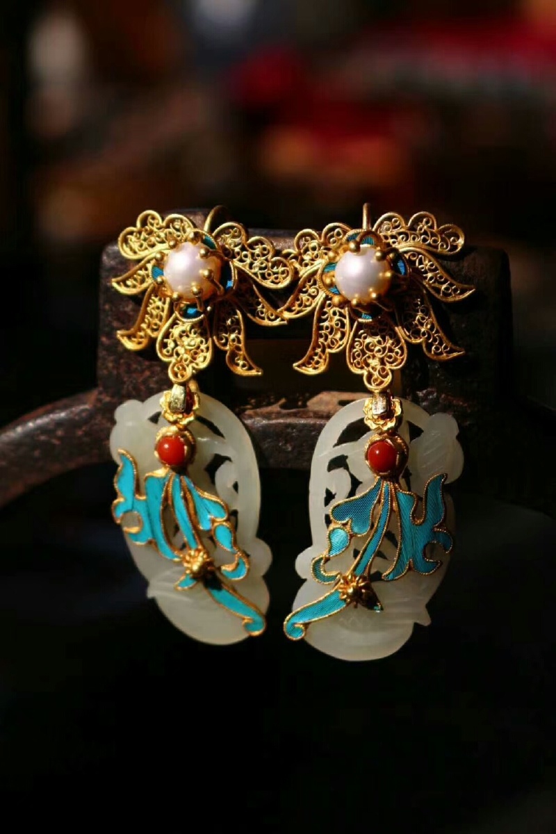 和田玉掐丝点翠耳环