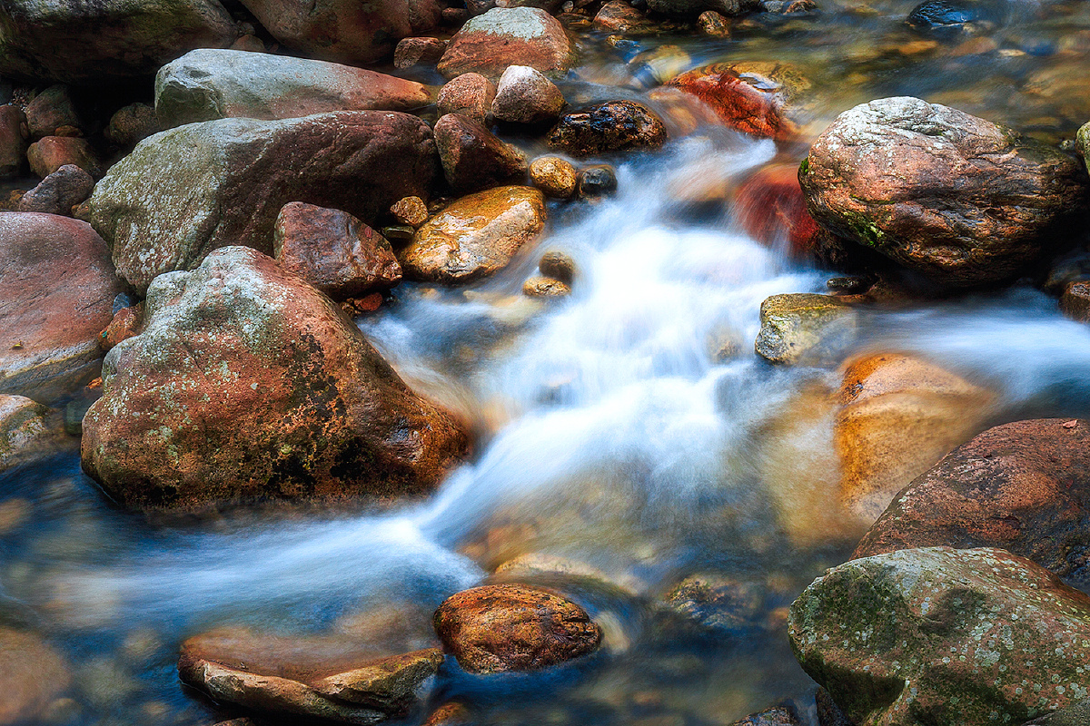 峡谷间,溪水清澈,水声潺潺