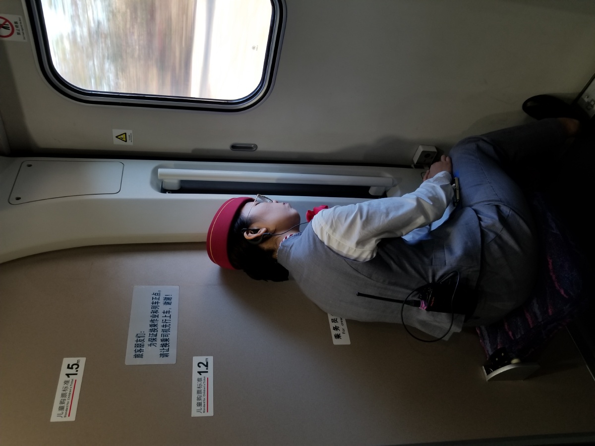 高铁乘务员利用列车运行间隙休息.