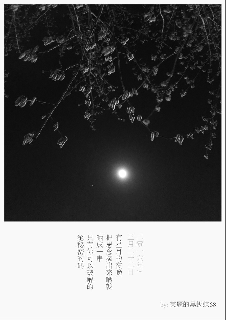 有星月的夜晚<br />
把思念掏出來曬乾<br />
曬成一串<br />
只有你可以破解的<br />
絕秘密的碼