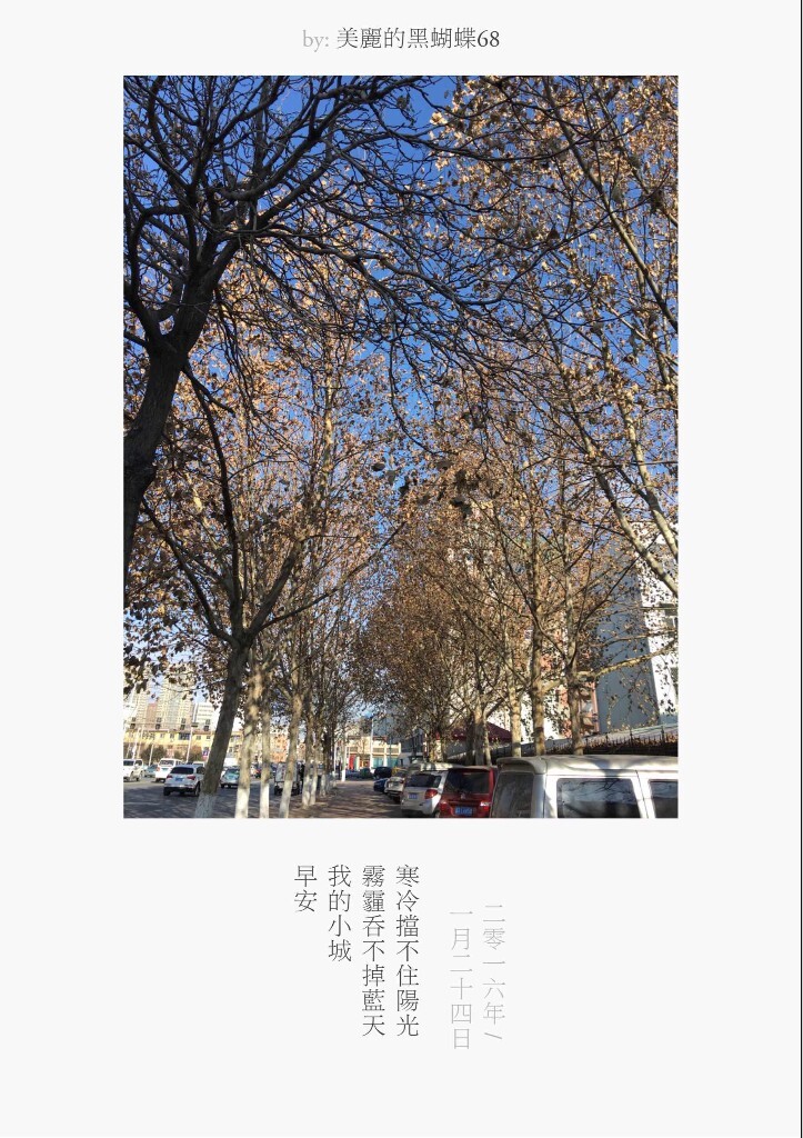 寒冷擋不住陽光<br />
霧霾吞不掉藍天<br />
我的小城<br />
早安<br />

