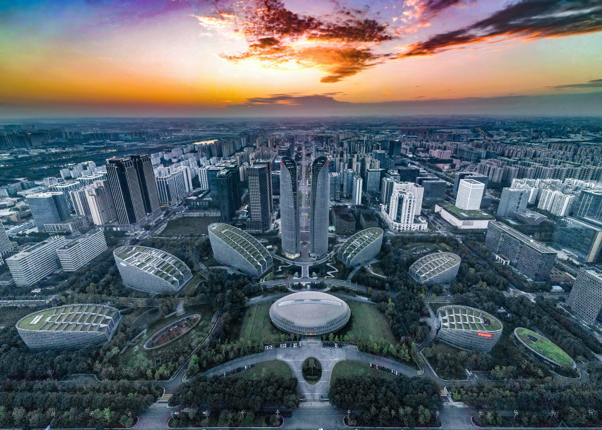 日落成都鸟瞰金融城