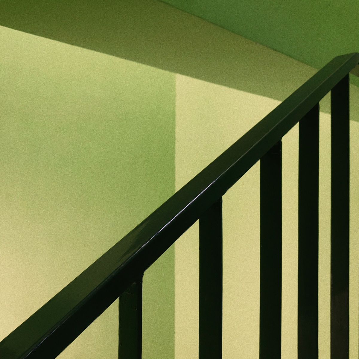 图书馆里光影下的绿墙楼梯随拍