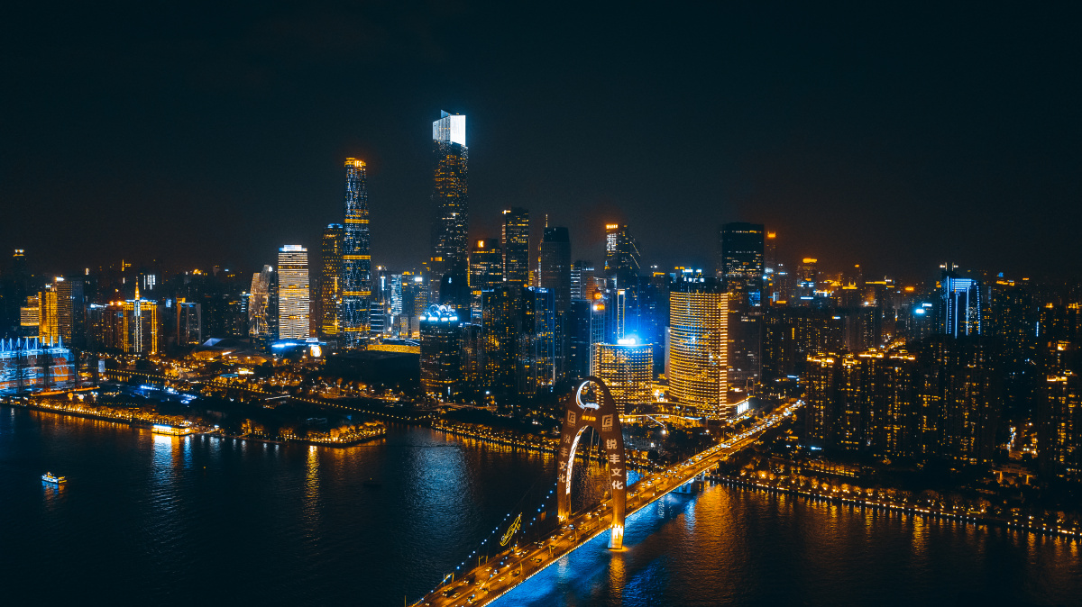 广州城市夜景航拍全景