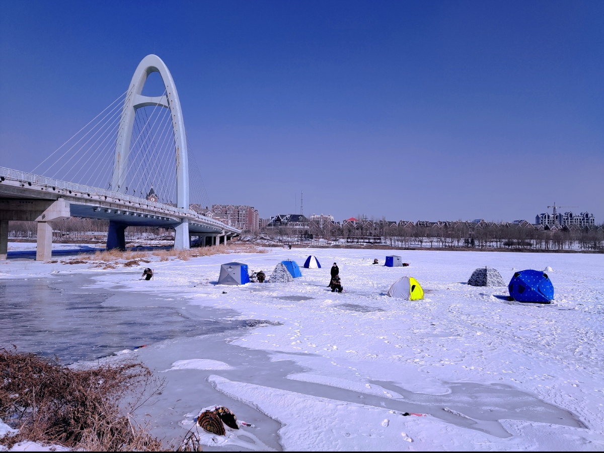海城冬雪后的杨柳河