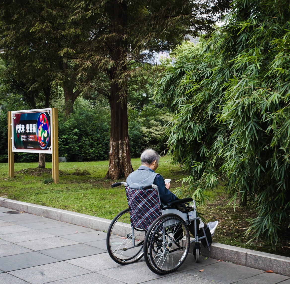标题:《轮椅老人》 文字说明:标语写着:代代孝,辈辈福 拍摄时间:2016