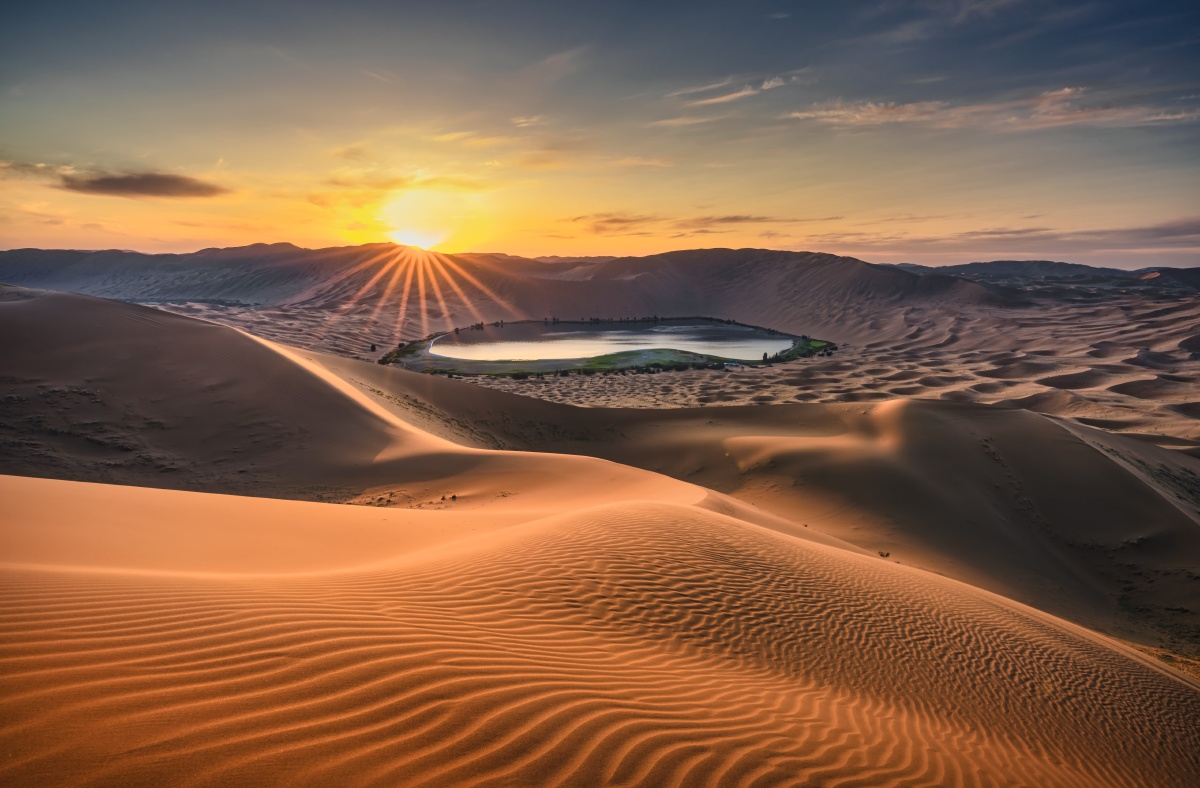 黄昏时分眼前的沙漠呈现一派金色无数道沙石涌起的皱褶如凝固的浪涛