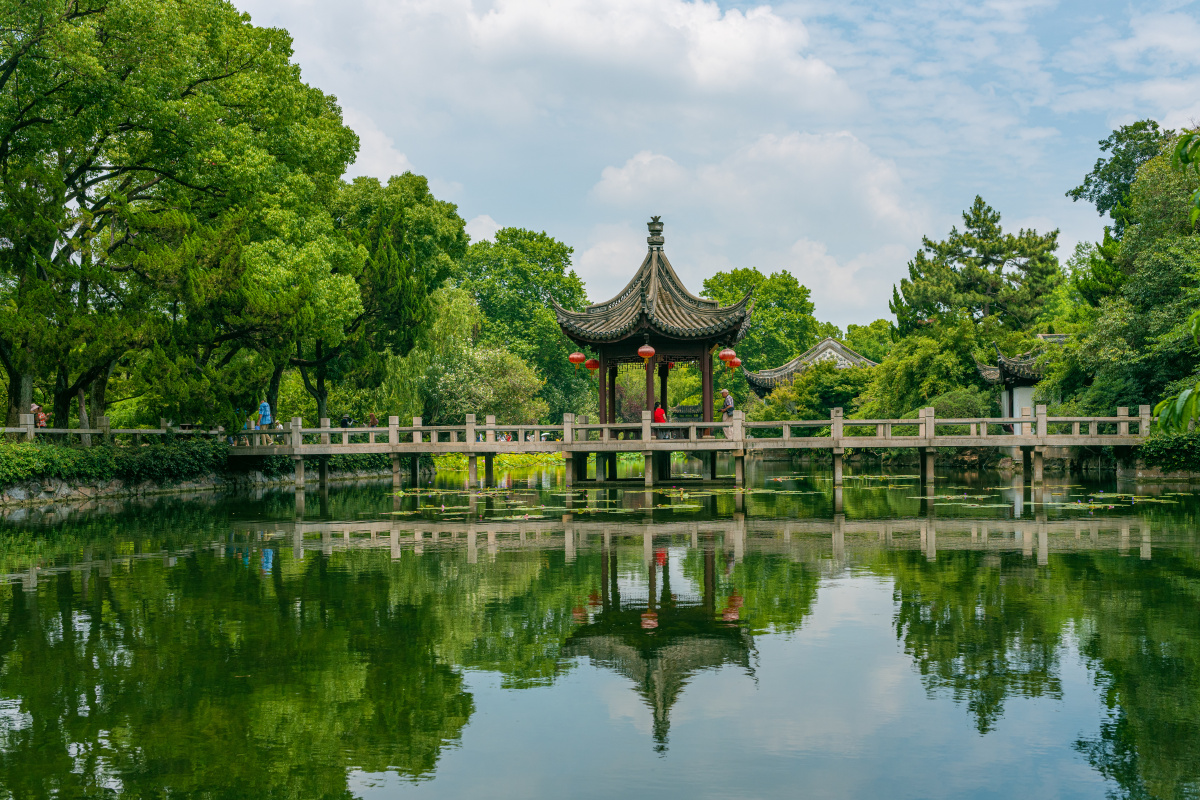 夏天雨后的初晴多云的上海古猗园荷花开遍莲叶何田田