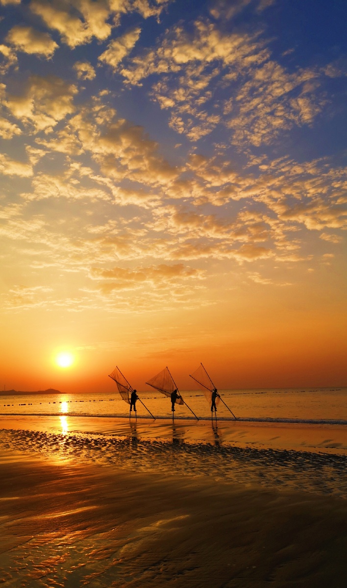 佛晓海边的高跷捕鱼