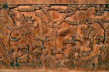 濯缨水阁-门板木刻_Wood Carving