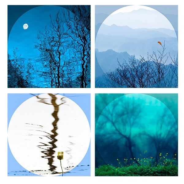 纨扇小语·四季<br />
《纨扇小语·四季》模仿纨扇的圆形，形成扇画的形式，让圆扇内的四季小景更加雅致；同时体现摄影的特点，让方幅与圆扇之间的部分或暗或浓，而不是扇画的黑、白单色，别具一种摄影的味道。