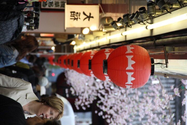 浅草寺雷门和神殿之间是一百多米的小街，两侧卖各种旅游商品，日本地方特色风情洋溢，有点像上海城隍庙一样多是民族地方特色的小商品。有东京名点雷米花糖、偶人烧、炸糕和江户玩具、和服、和式浴衣、不倒翁、扇子店、纪念品店、吉祥物店、偶娃店……各类店铺鳞次栉比，让人目不暇接