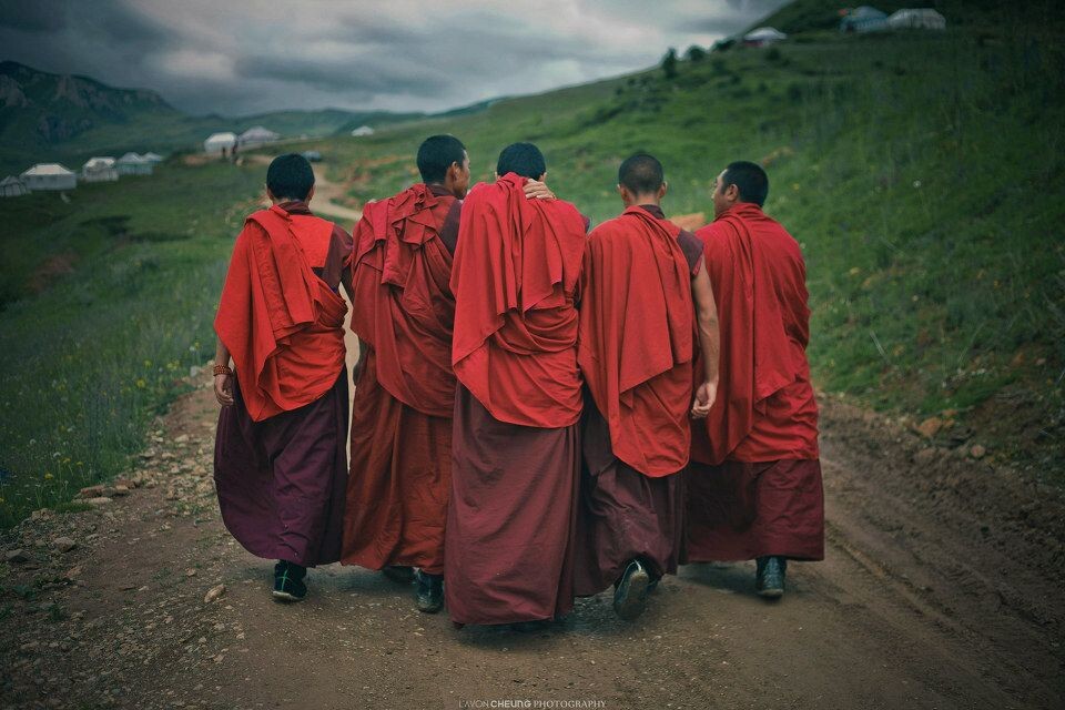 我的前方有五位僧人<br />
我的前方有五位僧人,<br />
他们有不同的身高体重。<br />
<br />
我的前方有五位僧人,<br />
他们用不同的披袈姿势。<br />
<br />
我的前方有五位僧人,<br />
他们互探耳目,也俯首诵经。<br />
<br />
我的前方有五位僧人,<br />
他们终究,是五位僧人。