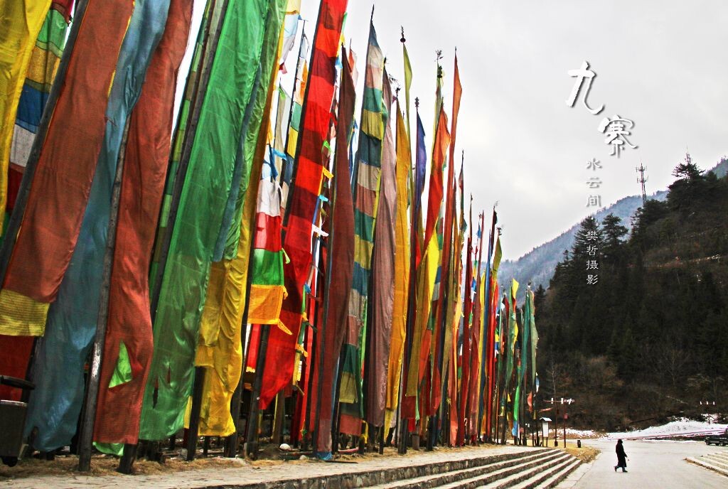 风马旗<br />
那些海子,散落在川西的群山里;九公里的山路,看高山覆雪,静水沉碧。五彩经幡,长杆而立,猎猎风中呼啸。