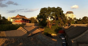 夕阳下的万寿寺，被高楼大厦包围的古老