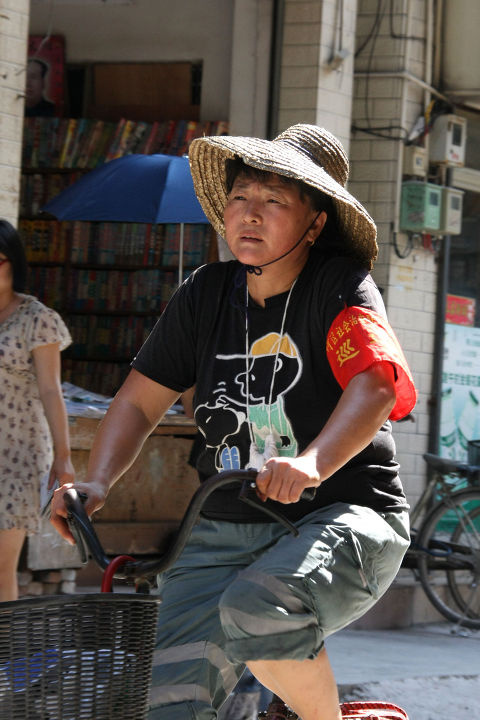 > 在村中居然还可见戴着草帽,袖扎"巡逻"标志的阿姨骑着自行车巡首排