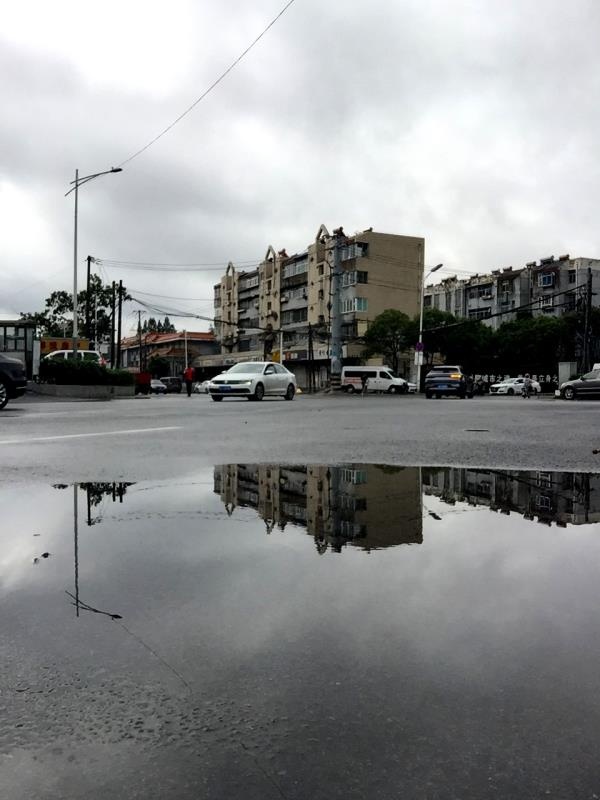 用手机在路边积水旁照的对面景