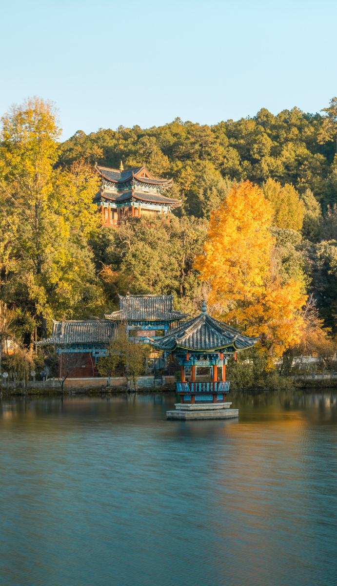 云南丽江黑龙潭公园湖泊秋色古建筑风光