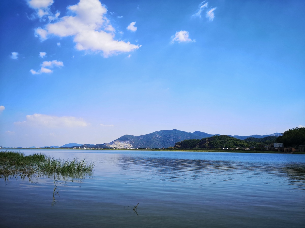 蓝天白云下湖泊