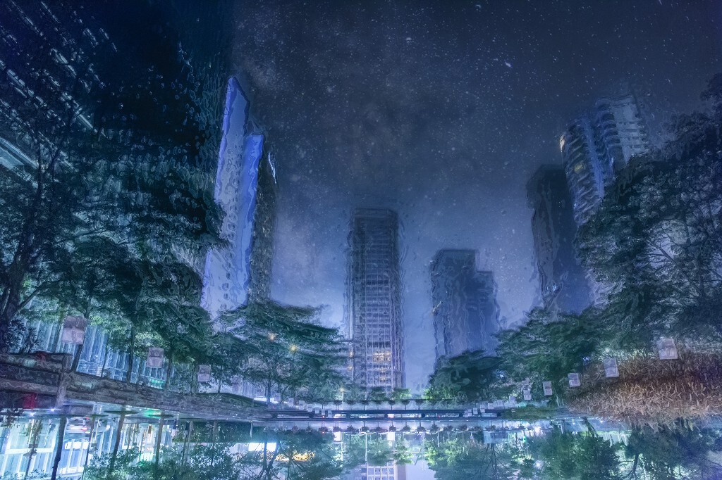 晚饭后水边散步，正盯着水里发呆，突然发现水中居然有星星，而抬头看天却什么也没有。