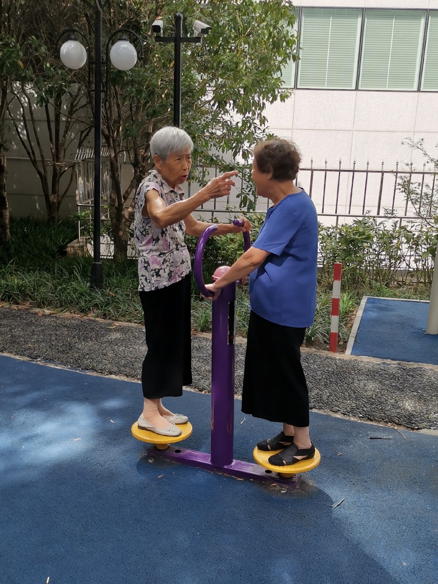 健身闲聊两不误精武体育公园二位大妈