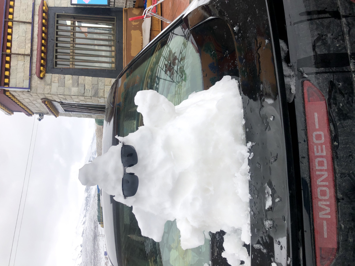 在纳木错公园门口看到汽车上的雪人