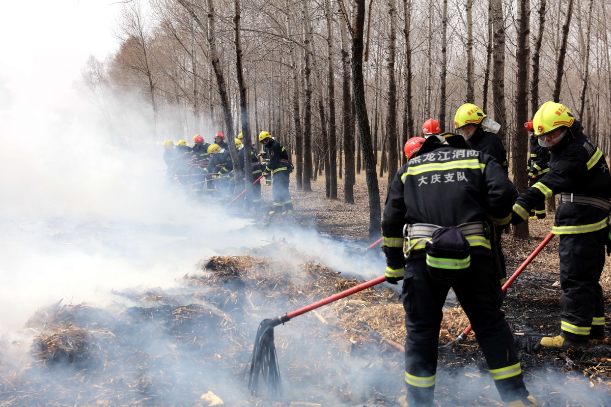 图为灭火队员使用二号工具扑打尾火