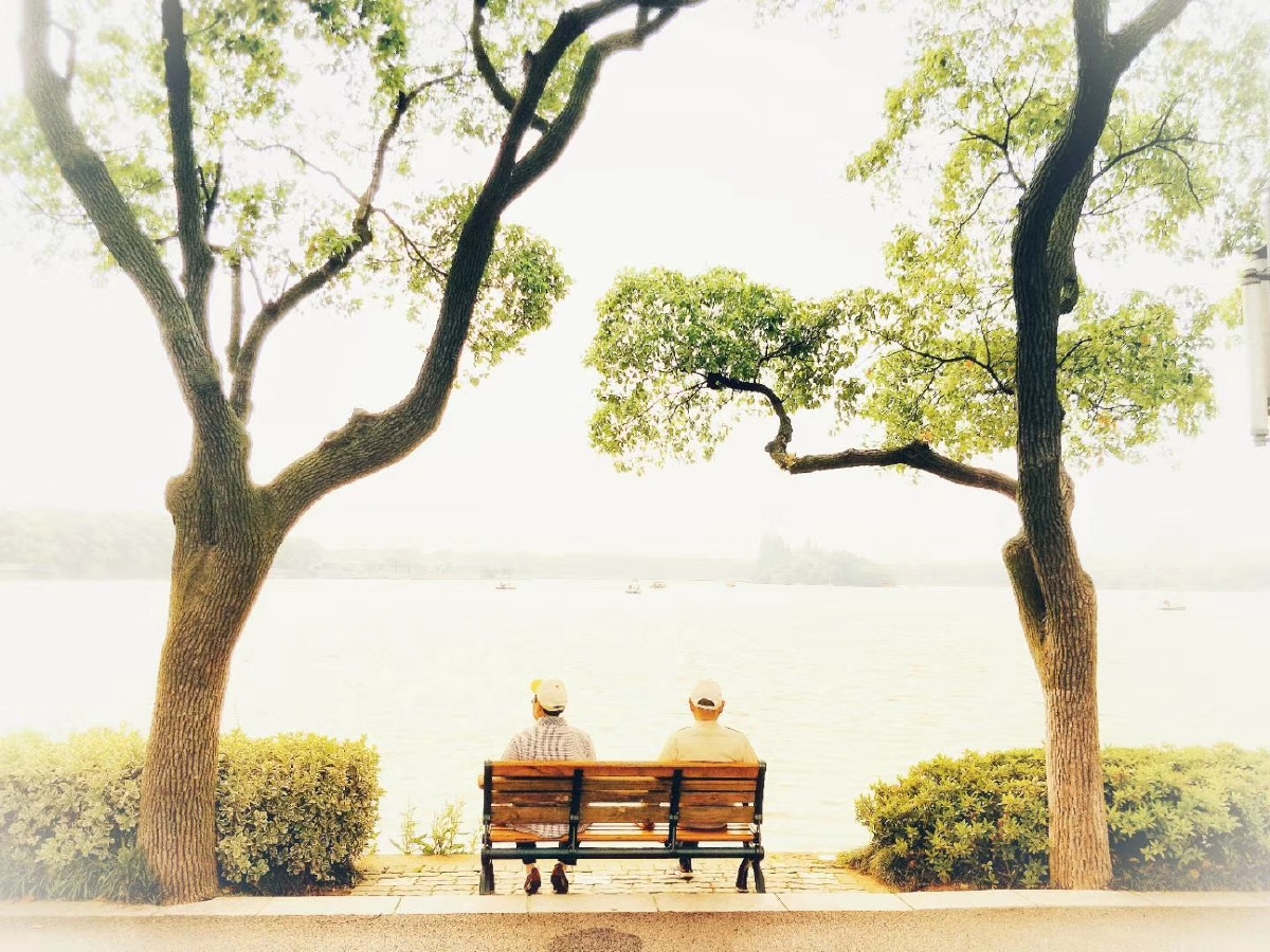 公园偶遇的一对老夫妻,傍晚就这样坐在公园的长椅上!