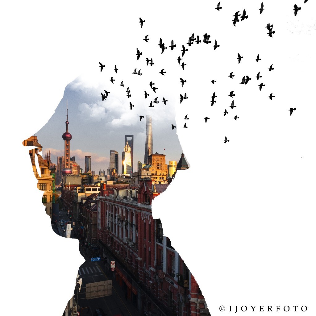 Double Exposure - Portrait & Shanghai Cityscape with Birds<br />