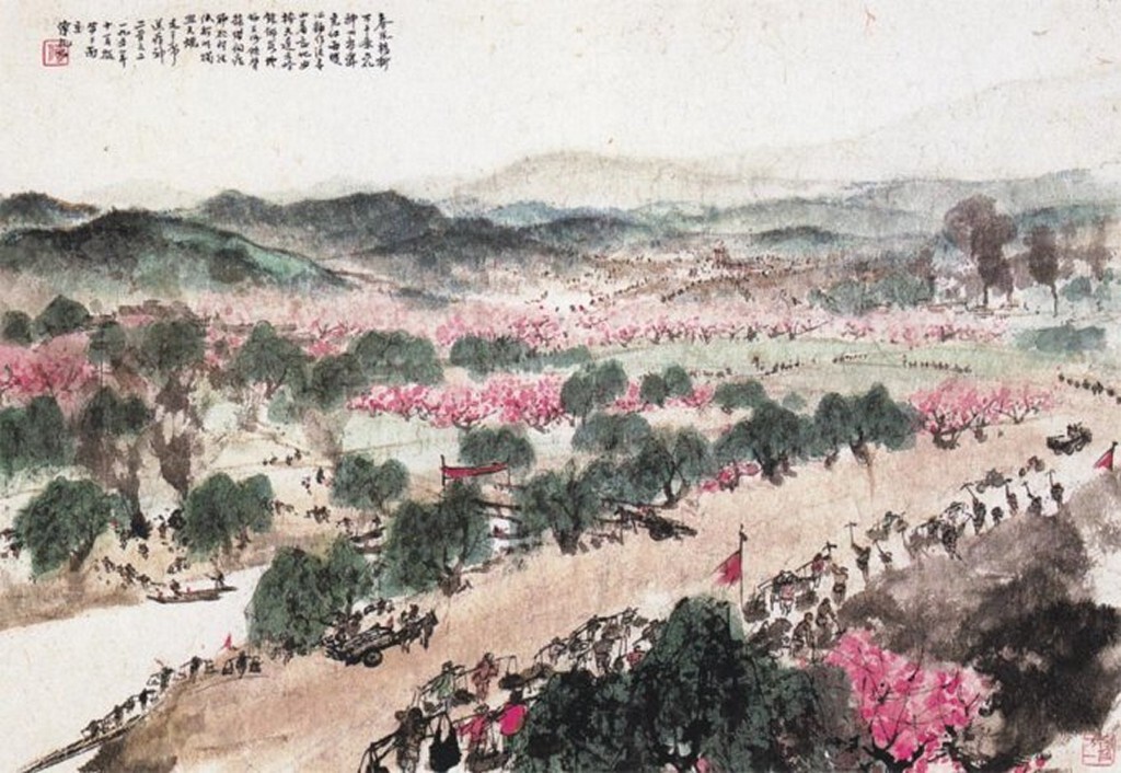 傅抱石为《送瘟神·之一》所配的诗意图(第八幅)<br />
纸本设色 34cm×49.5cm 1958年11月南京博物院藏<br />