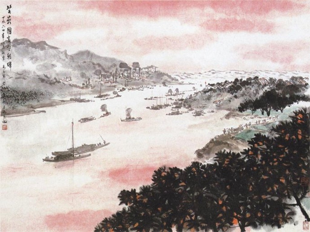 傅抱石为《答友人》所配的诗意图(第二十幅) <br />
纸本设色 69×93cm 1964年8月南京博物院藏